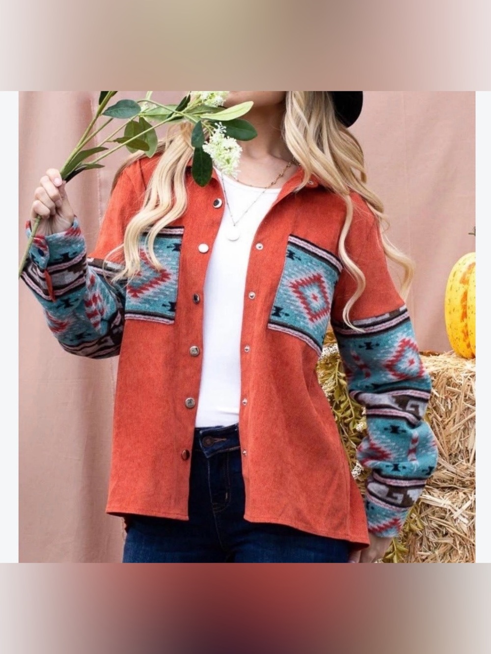 And they size Medium Women's Rust Utility Jacket with Aztec Teal Trim
